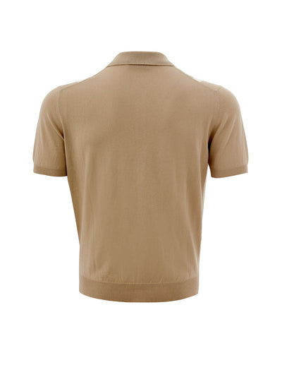 Beige Cotton Polo Shirt with Contrasting Stripes