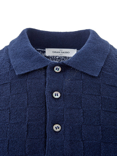 Blue Cotton Polo Shirt with Knitwear Effect