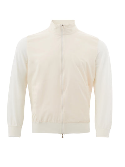 Tech Fabric and Cotton Full Zip Sweater in White