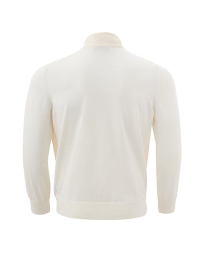 Tech Fabric and Cotton Full Zip Sweater in White