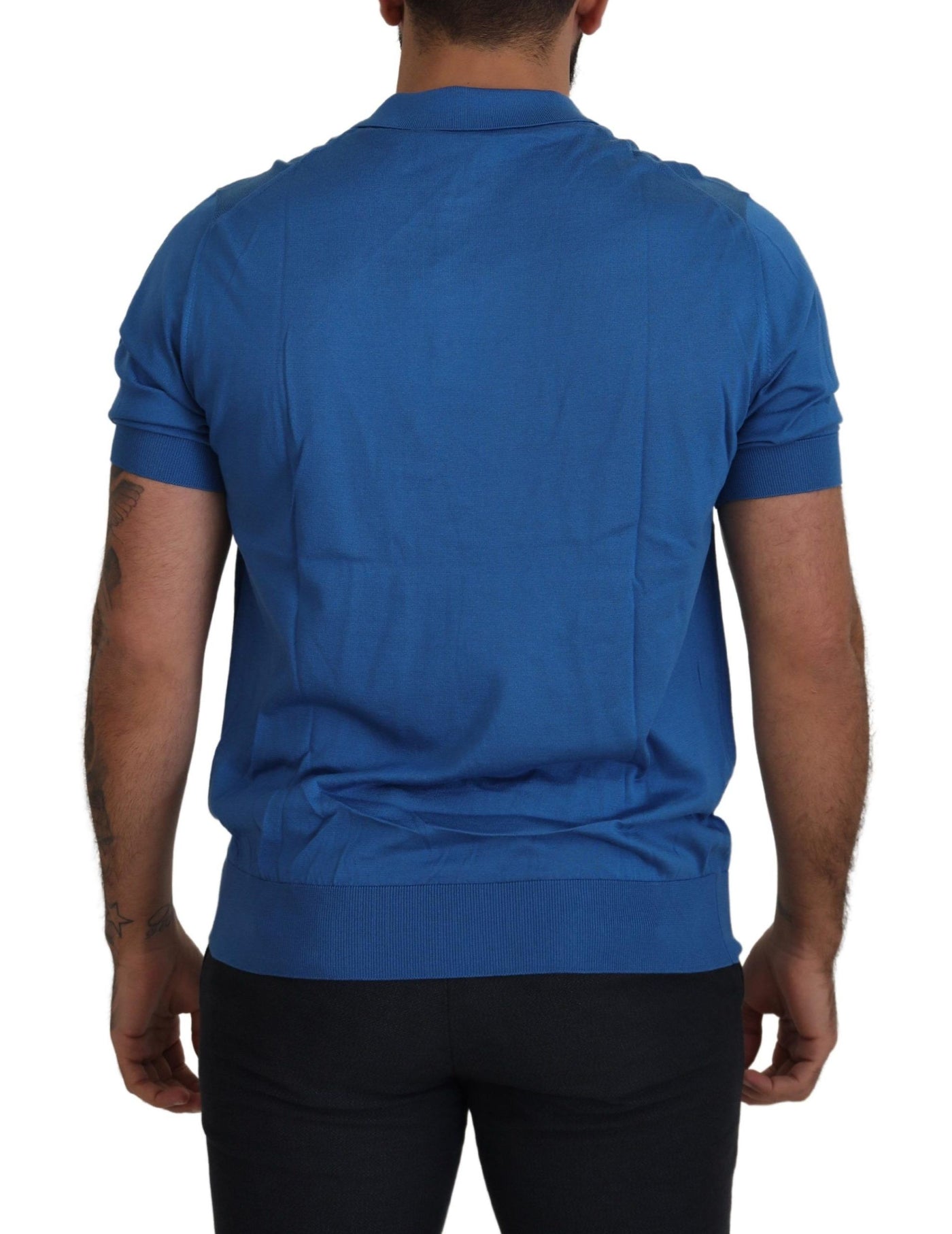 Blue Silk Short Sleeve Collared Polo T-shirt