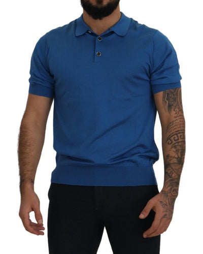 Blue Silk Short Sleeve Collared Polo T-shirt