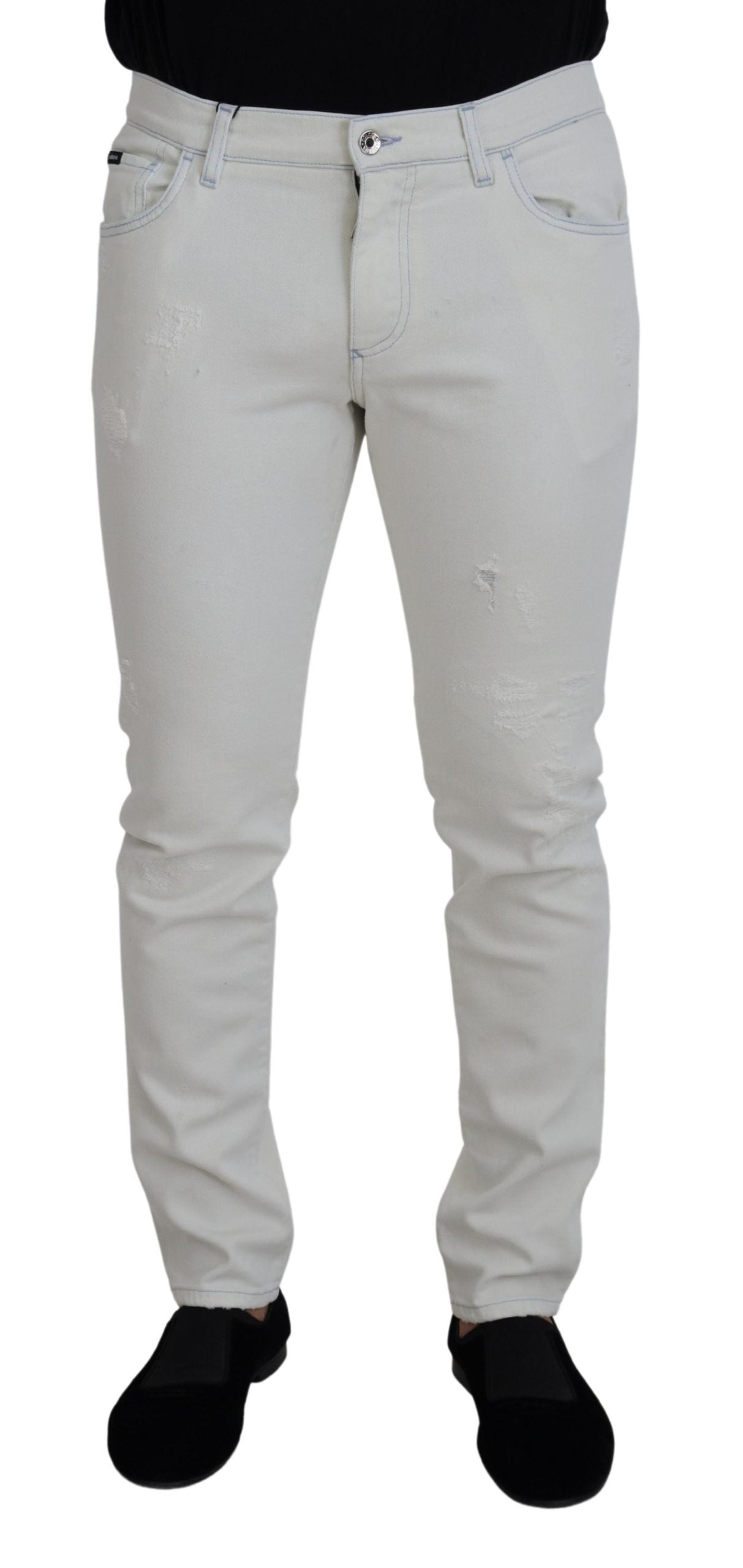 White Cotton Tattered Slim Fit Denim Jeans