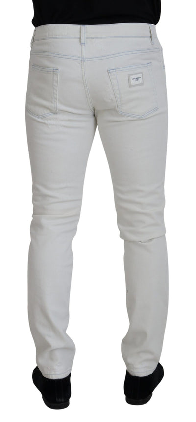 White Cotton Tattered Slim Fit Denim Jeans