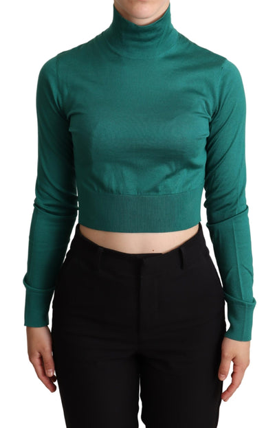 Green Silk Turtle Neck Crop Pullover Sweater
