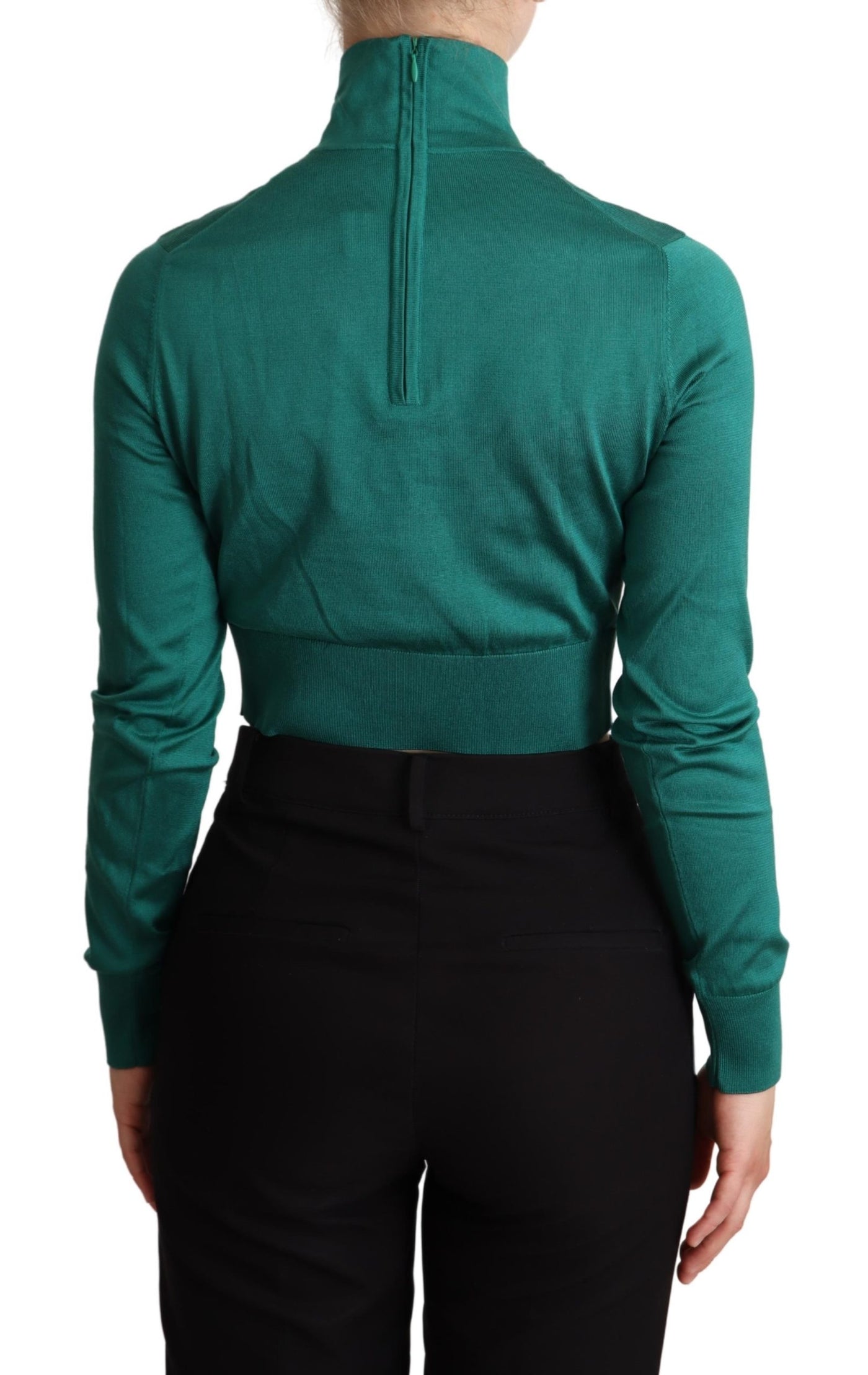 Green Silk Turtle Neck Crop Pullover Sweater