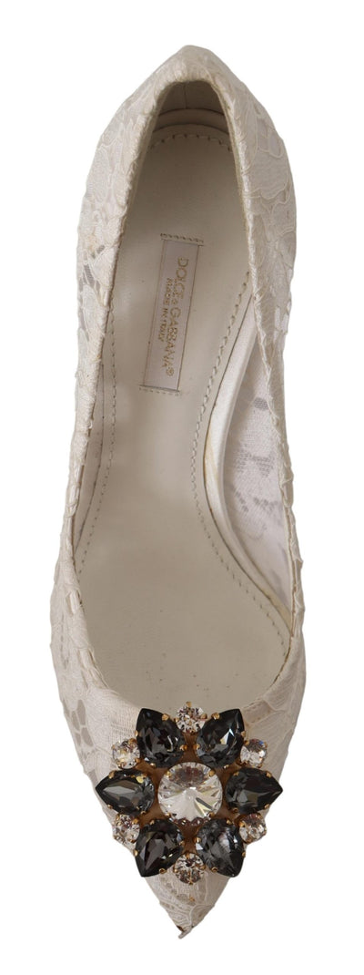 White Taormina Lace Crystal Heels Pumps