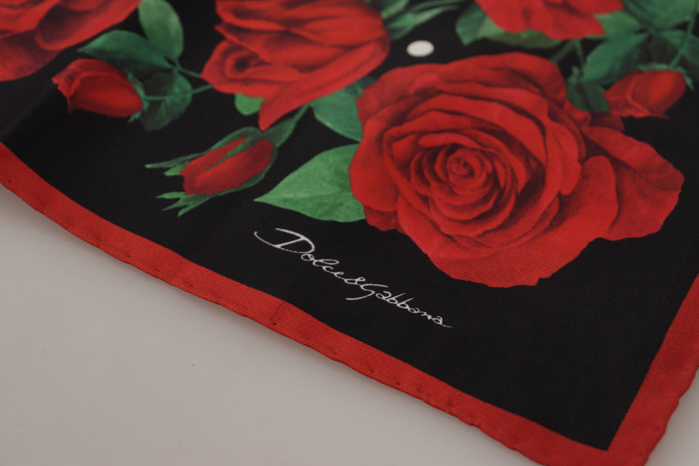 Black Silk Red Roses Print Square Scarf