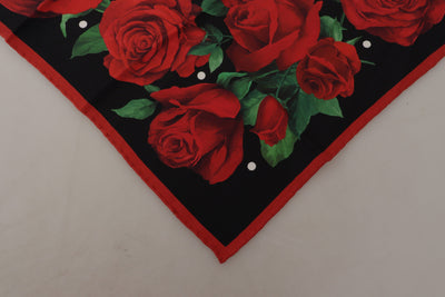 Black Silk Red Roses Print Square Scarf