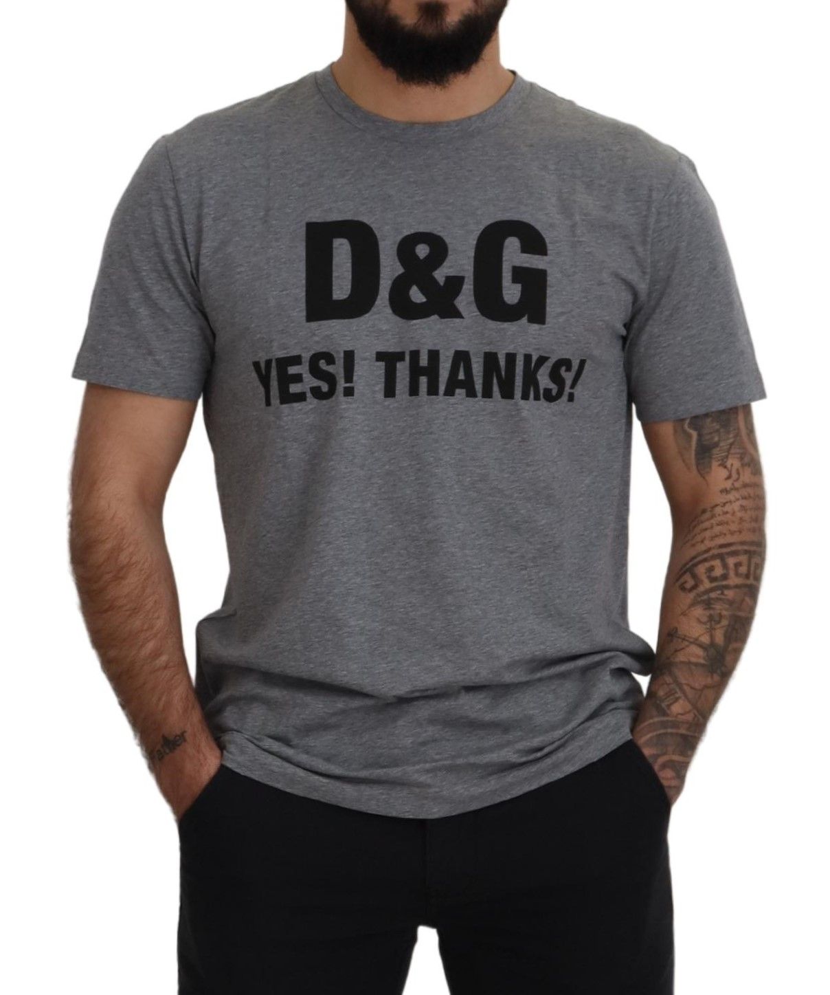 Gray D&G YES! THANKS! Crewneck Cotton  T-shirt