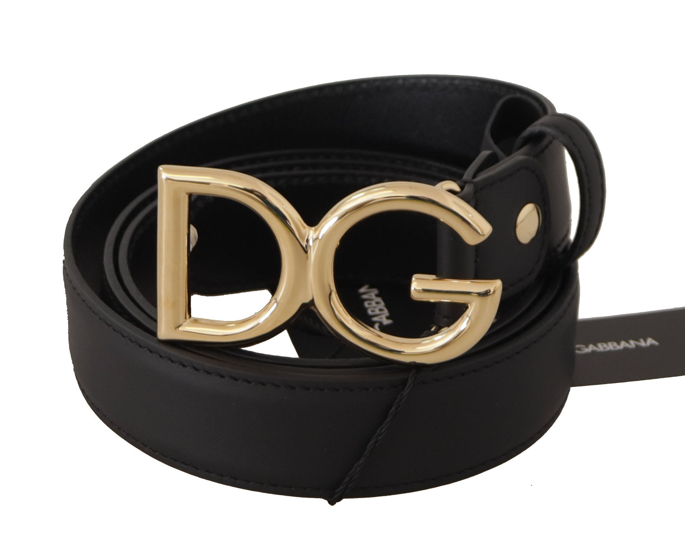 Black Leather Gold Metal DG Logo Waist Buckle Belt