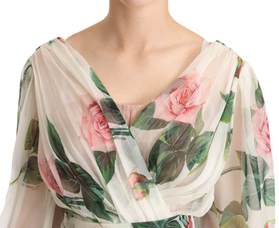 White Roses Print Silk Chiffon Midi Dress