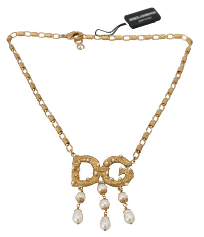 Gold Tone Brass Chain Faux Pearl Logo Pendant Necklace