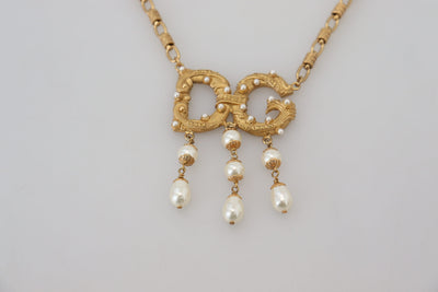 Gold Tone Brass Chain Faux Pearl Logo Pendant Necklace