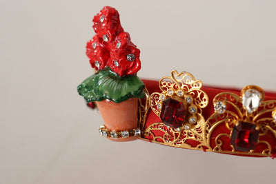 Red Flower Pot Resin Crystal Gold Brass Diadem