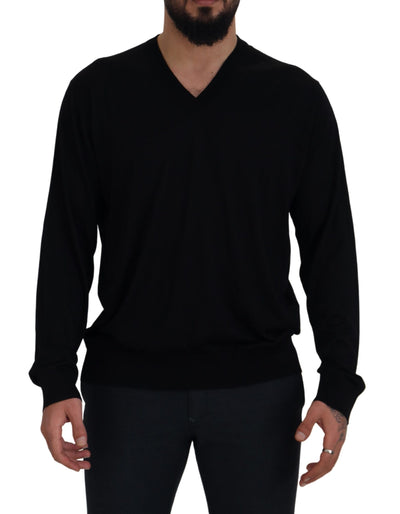 Black 100% Silk V-neck Pullover Sweater