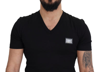 Black Cotton V-Neck Short Sleeve T-shirt