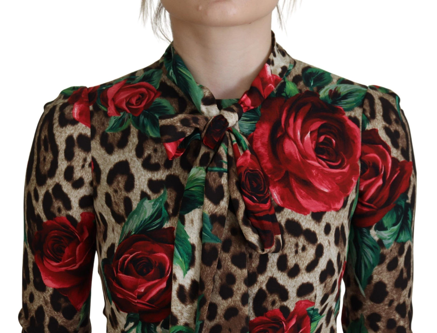 Brown Leopard Roses Silk Stretch Sheath Dress