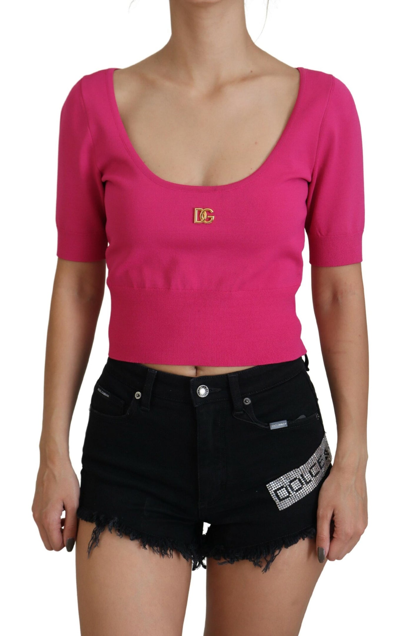Pink Short Sleeves Casual Blouse Cropped Top