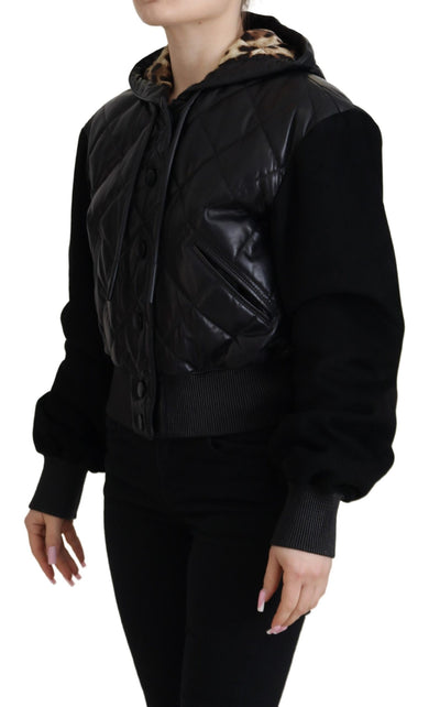 Black Quilted Hooded Button Leather Jacket