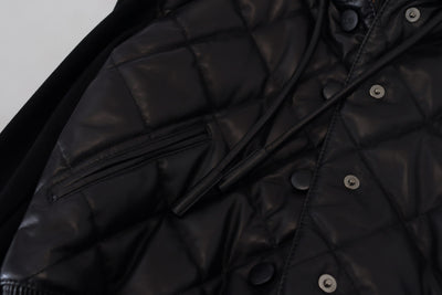 Black Quilted Hooded Button Leather Jacket