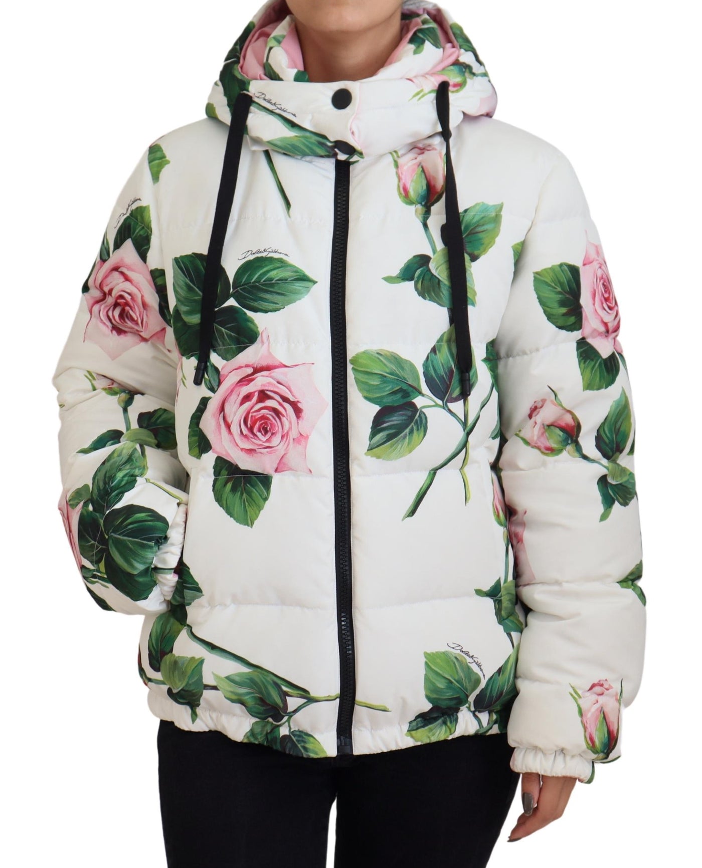 White Roses Print Polyester Full Zip Jacket