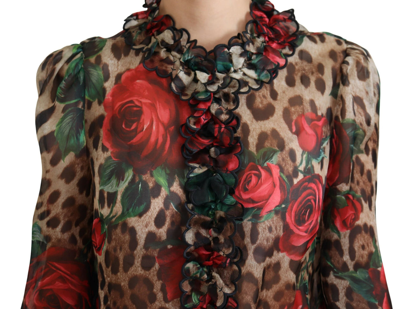Multicolor Leopard Rose Print Ruffled Lace Blouse Top