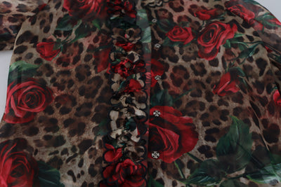 Multicolor Leopard Rose Print Ruffled Lace Blouse Top