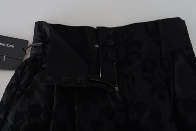 Black Floral Pattern Brocade Silk Shorts