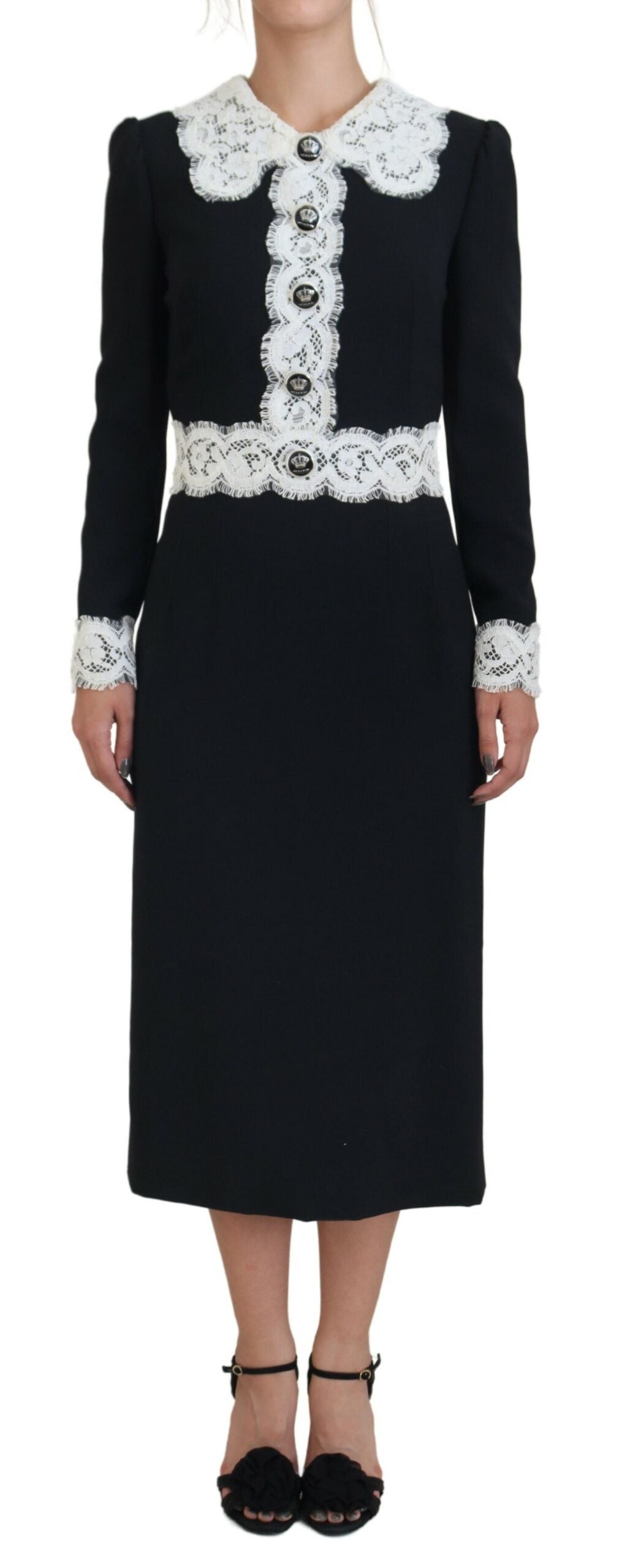 Black Lace Trim Sheath Long Sleeve Midi Dress