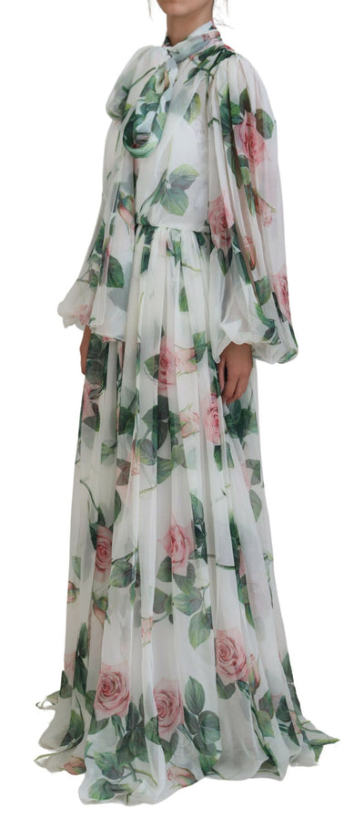 White Floral Roses Silk Maxi Long Gown Dress
