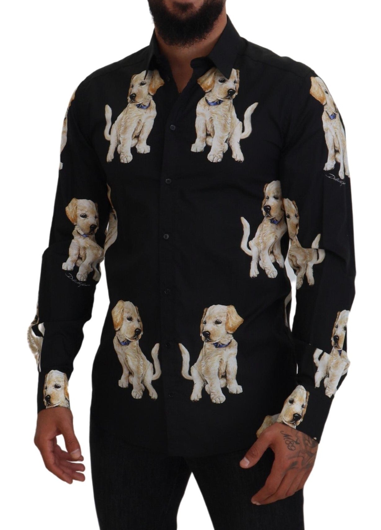 Black Dog Print Men Casual GOLD Cotton Shirt