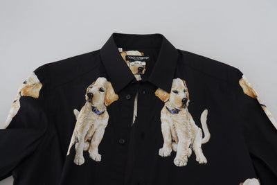 Black Dog Print Men Casual GOLD Cotton Shirt