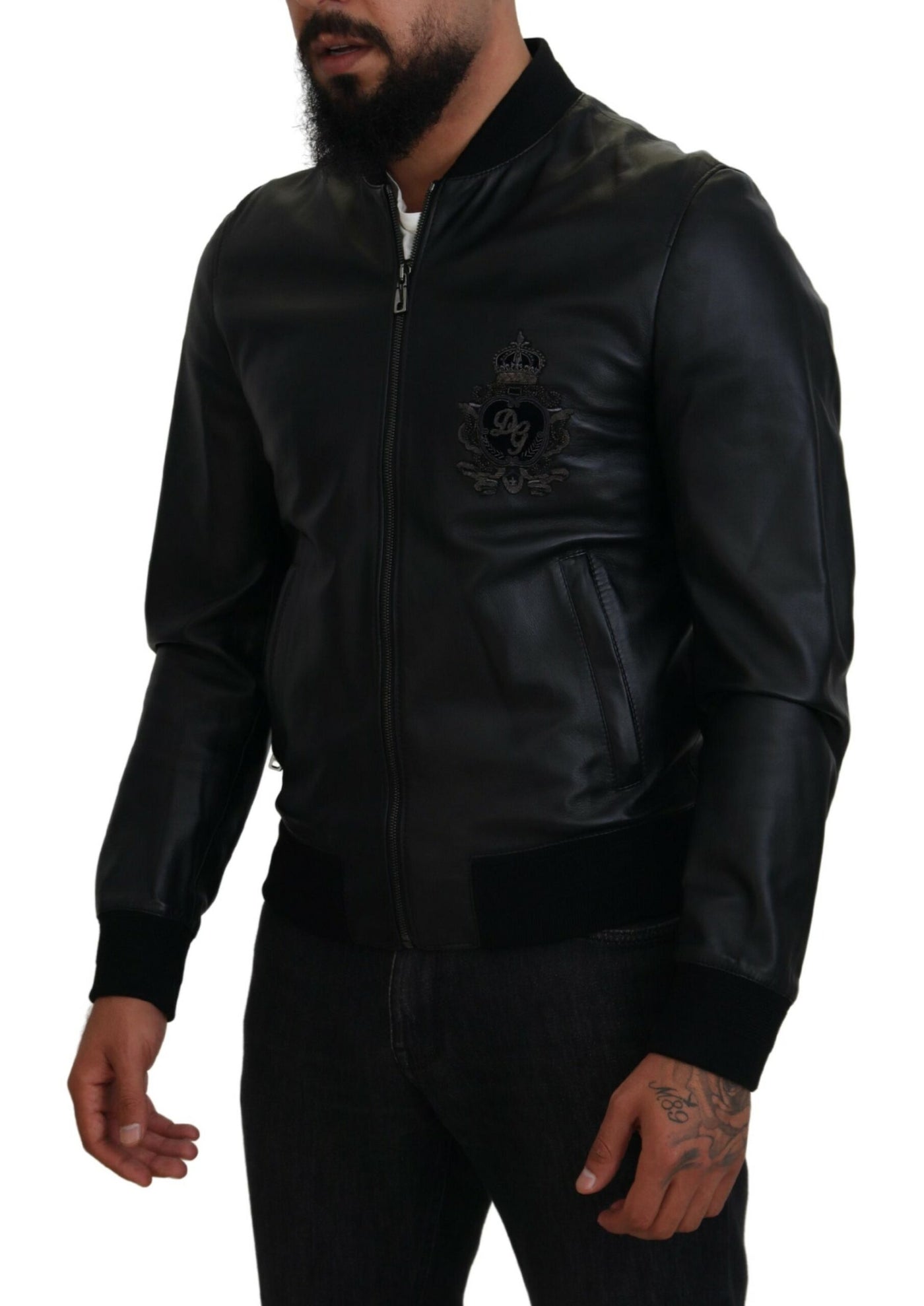 Black Leather DG Crown Men Bomber Jacket