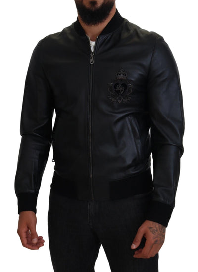 Black Leather DG Crown Men Bomber Jacket