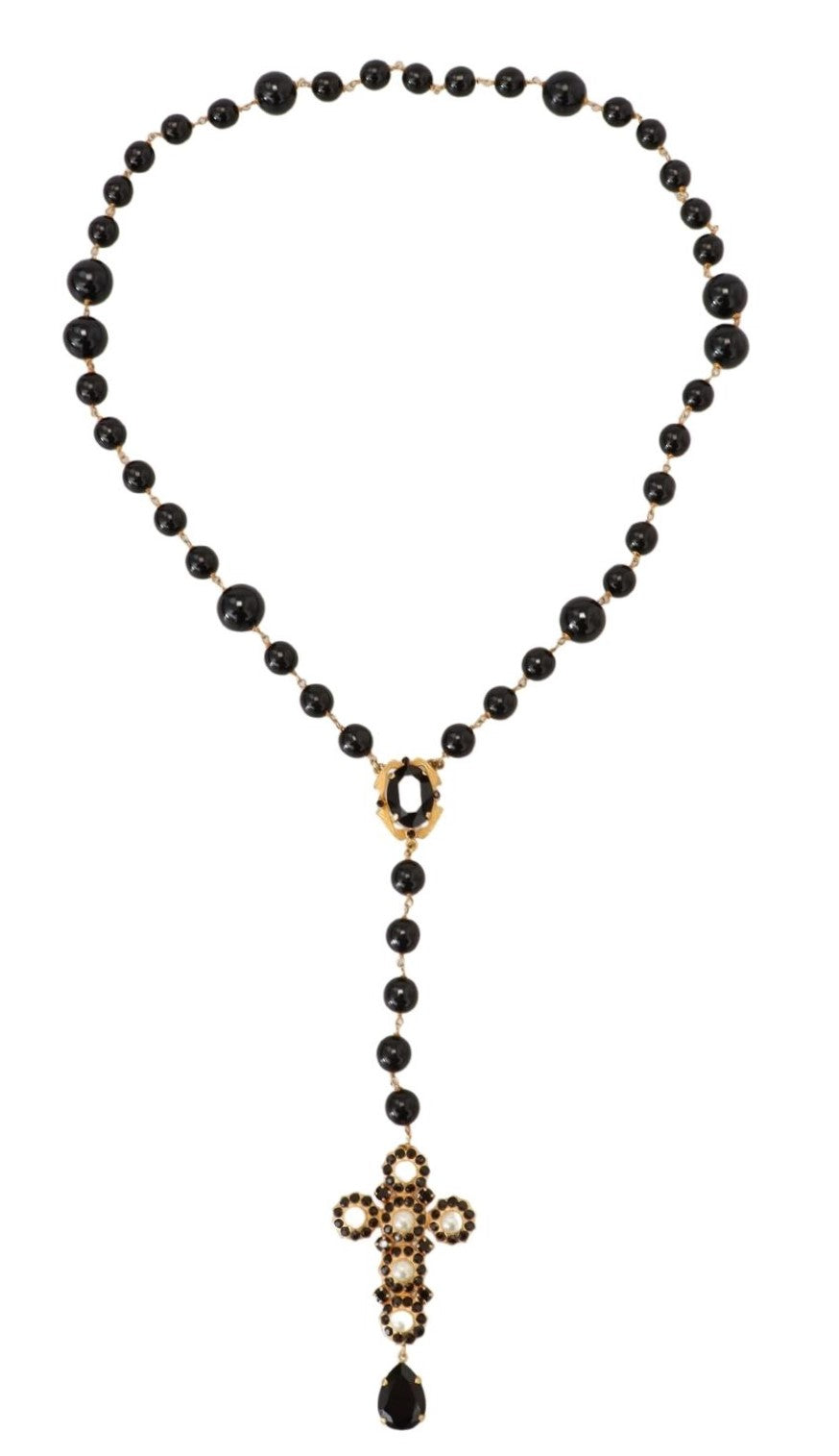 Gold Brass Chain Black Crystal Cross Pendant Necklace
