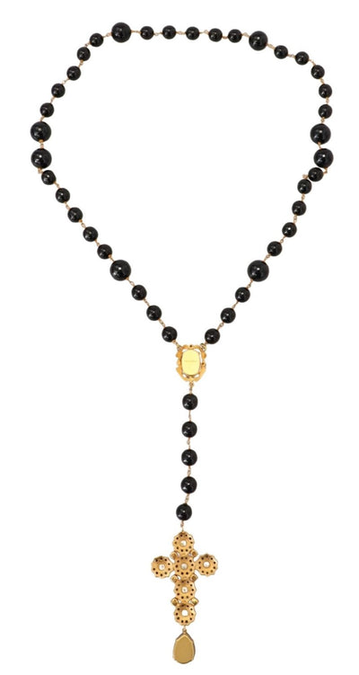 Gold Brass Chain Black Crystal Cross Pendant Necklace