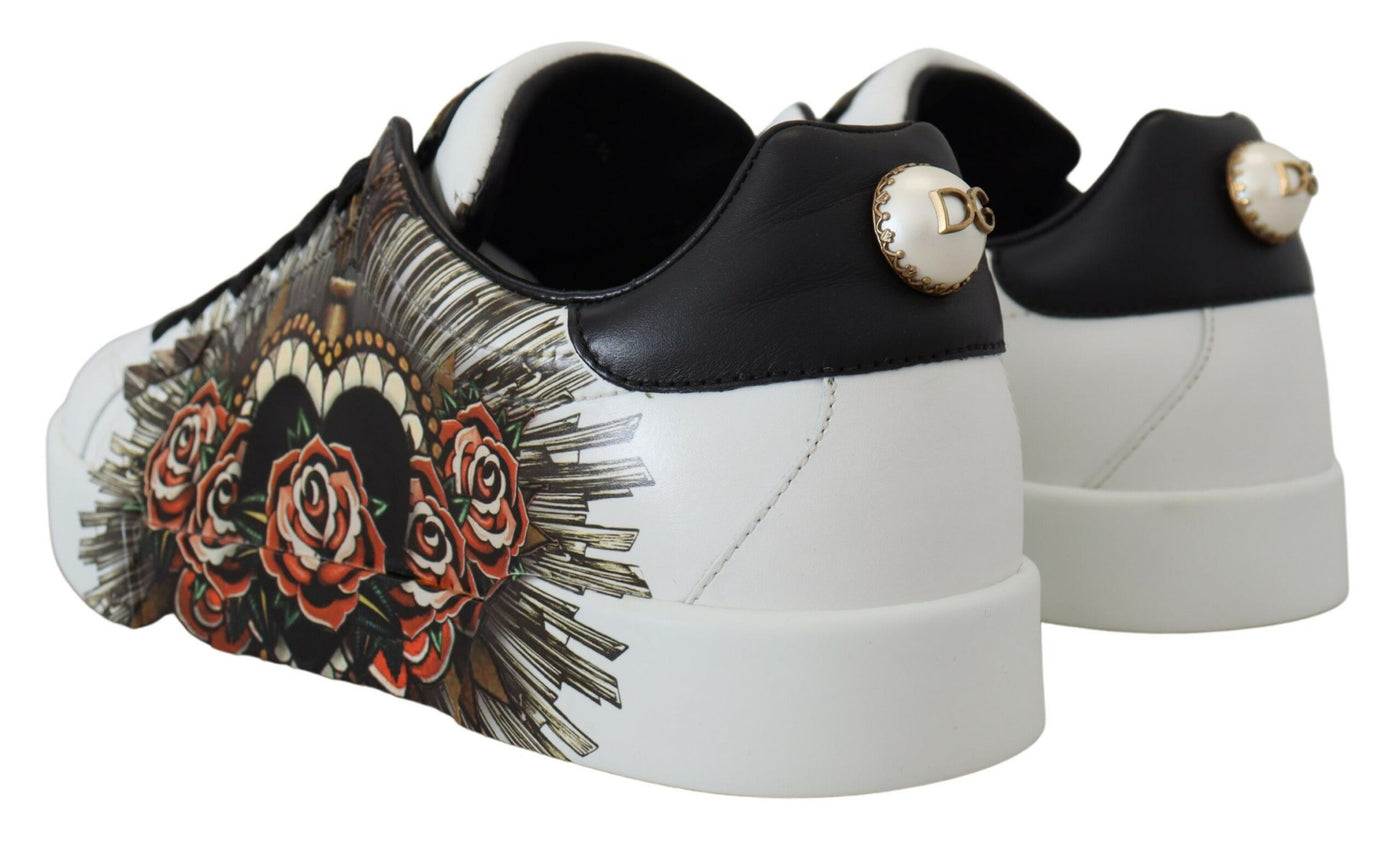 White Leather Heart Roses Sneakers Shoes