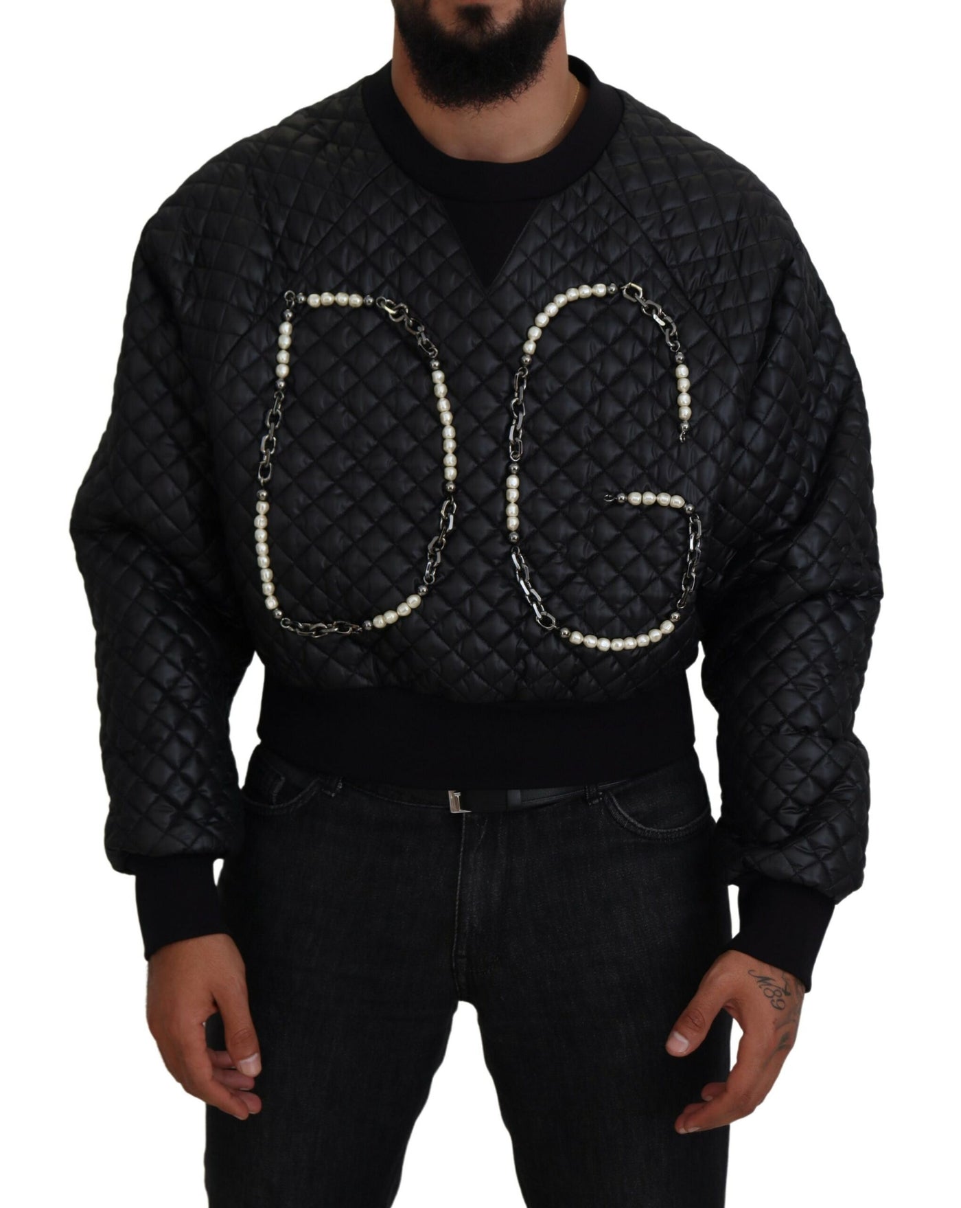 Black DG Embellished Quilted Pullover Sweater