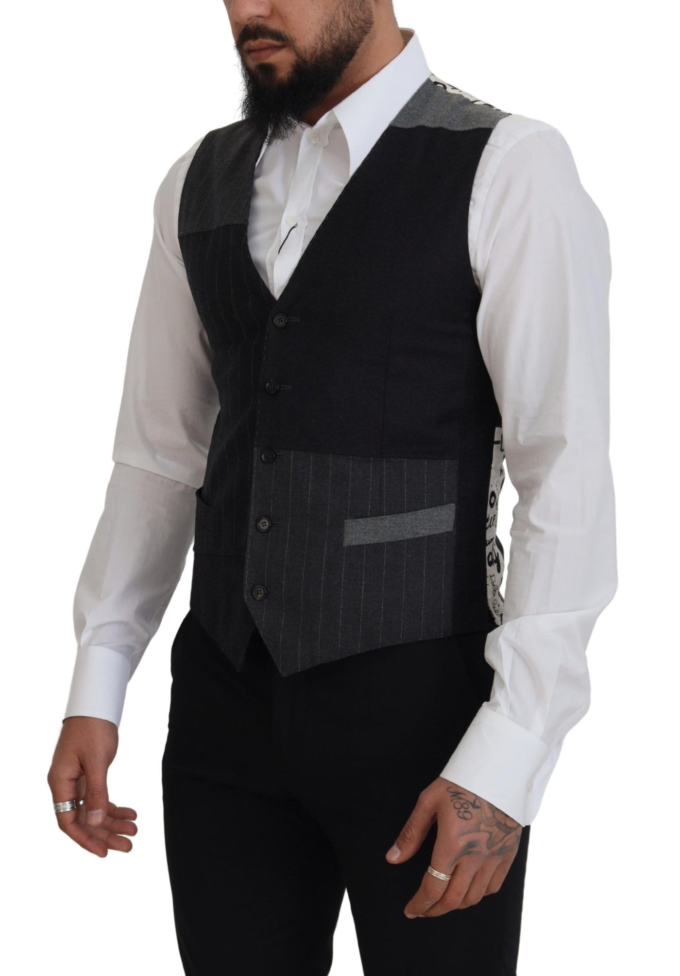 Black Patchwork Striped Wool Waistcoat Vest