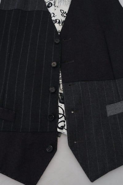 Black Patchwork Striped Wool Waistcoat Vest