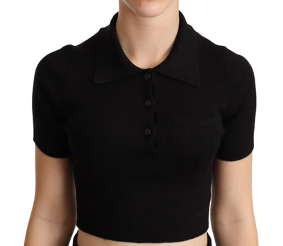 Black Cashmere Silk Collared Cropped Top