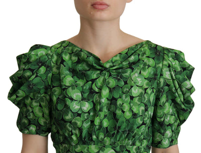 Green Clover Print Puff Sleeves Top Blouse