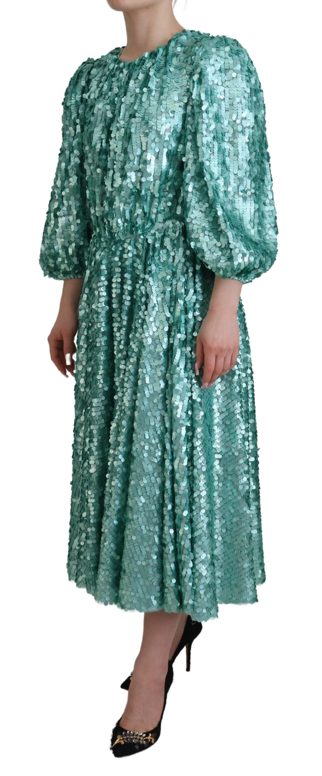 Blue Sequined Pleated Aline Midi Nylon Dress