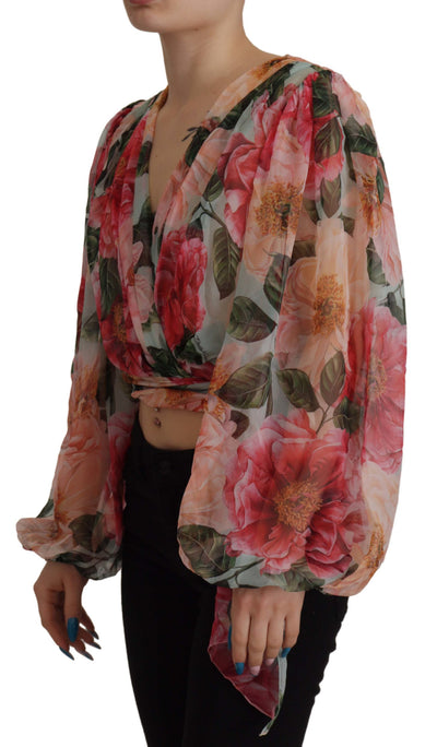 Multicolor Camelia Floral Print Silk Wrap BlouseI Top