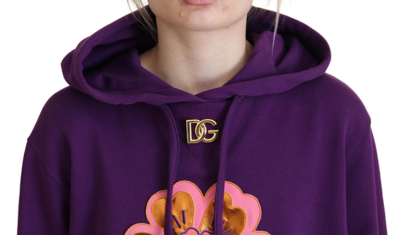 Purple Floral Hooded Pullover Cotton Sweater