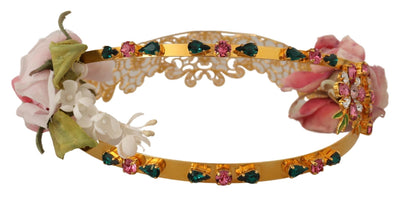 Gold Tone Brass Roses Crystals Tiara Headband Diadem Crown