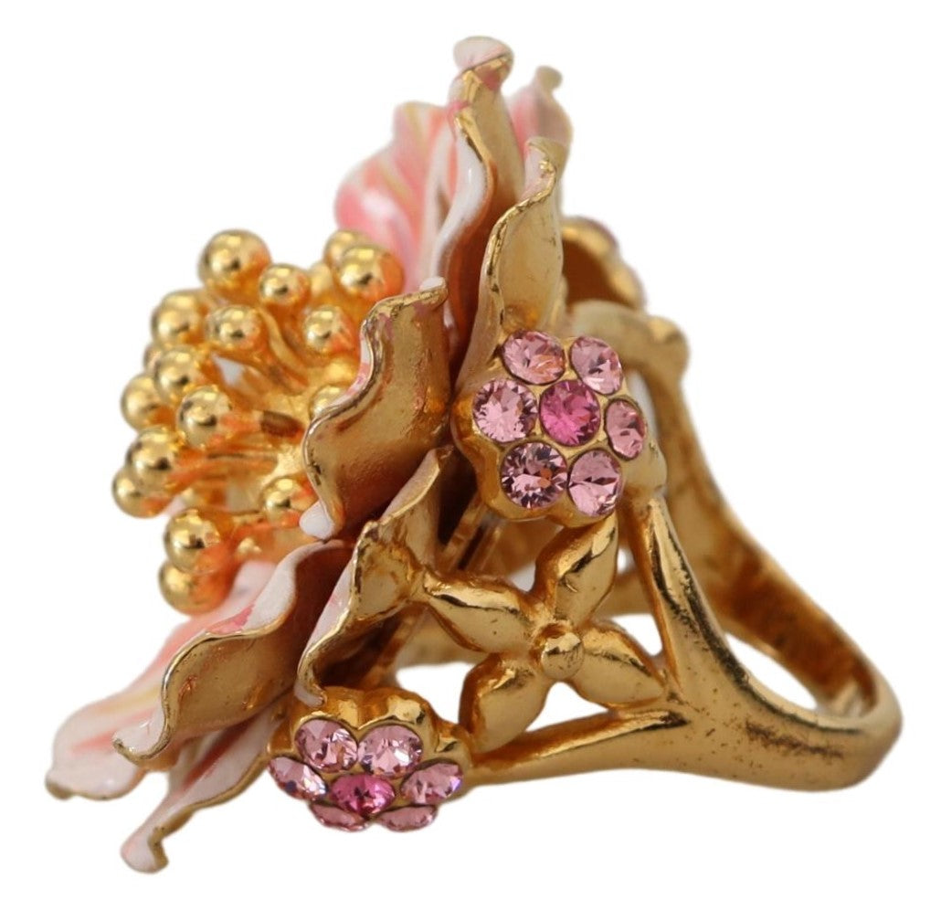 Gold Tone Brass Pink Crystal Resin Flower Ring