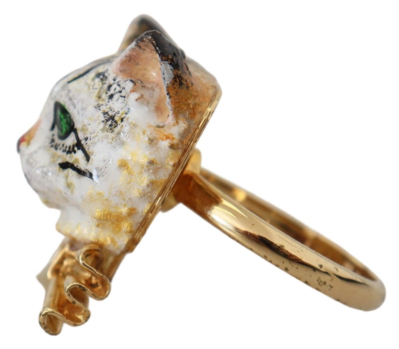Gold Brass Resin White Cat Accessory Ring