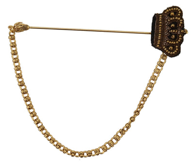 Gold Tone Brass Crown Studded Chain Pin Brooch